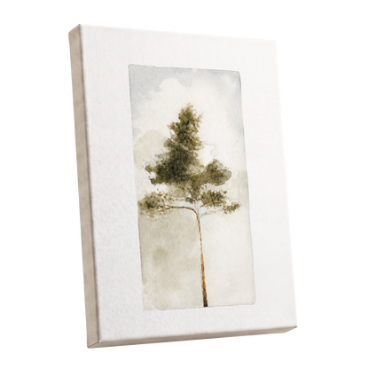 Quiet Evergreen, green, beige, white nature wall art shown as a stretched canvas wall art