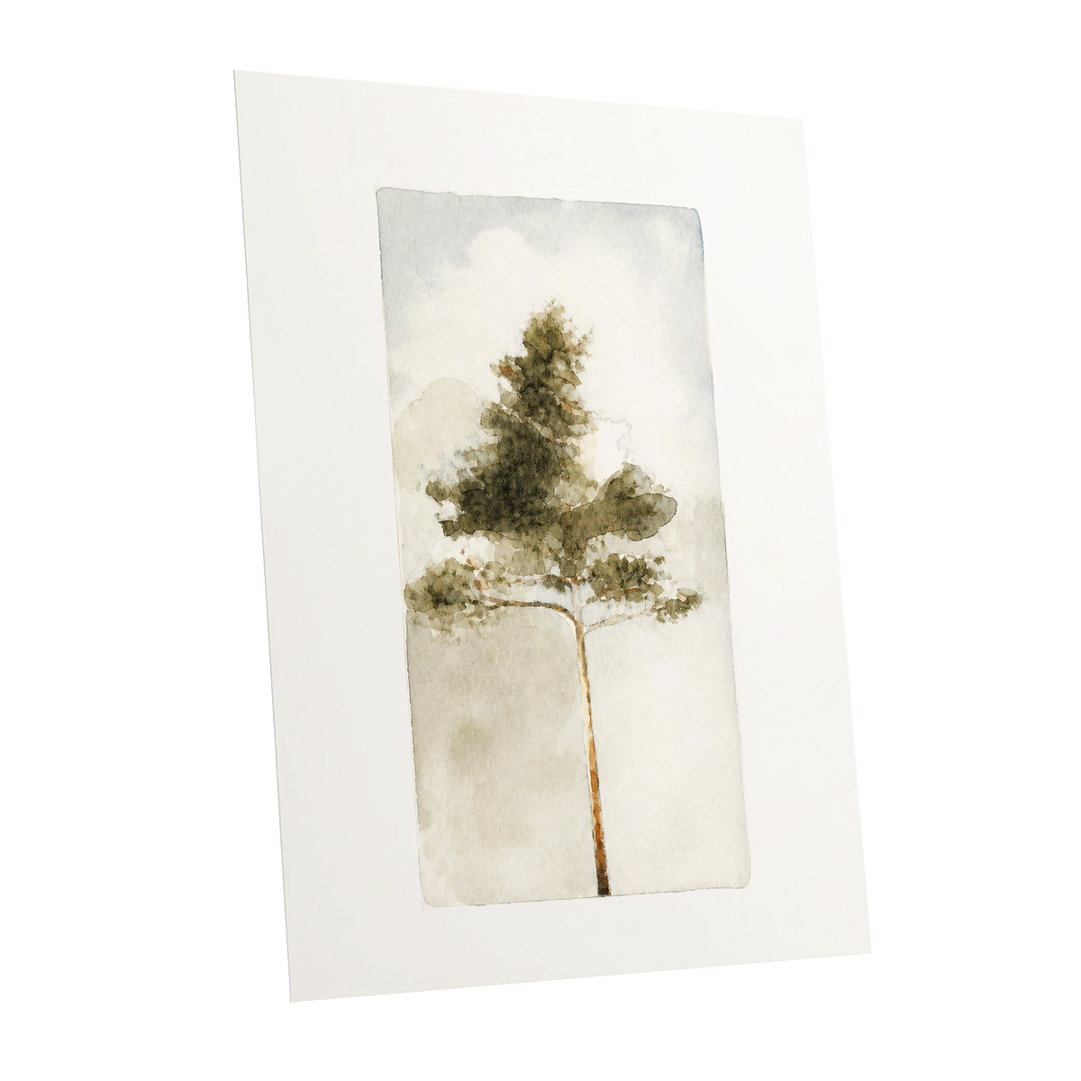 Quiet Evergreen, green, beige, white nature wall art shown as a unframed poster wall art print