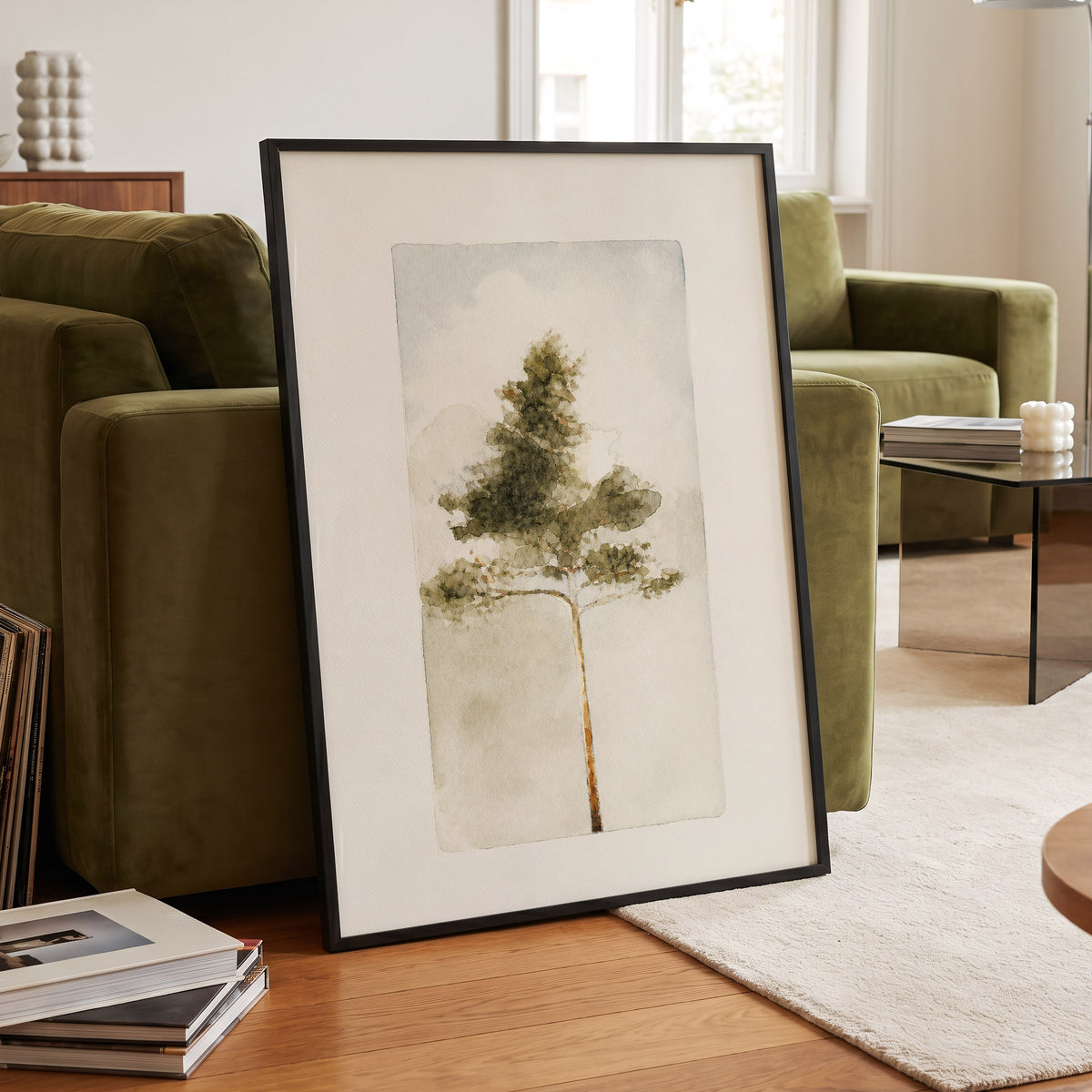 Quiet Evergreen, green, beige, white nature wall art displayed in a styled interior, gallery view 2