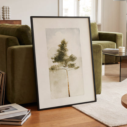 Quiet Evergreen, green, beige, white nature wall art displayed in a styled interior, gallery view 2