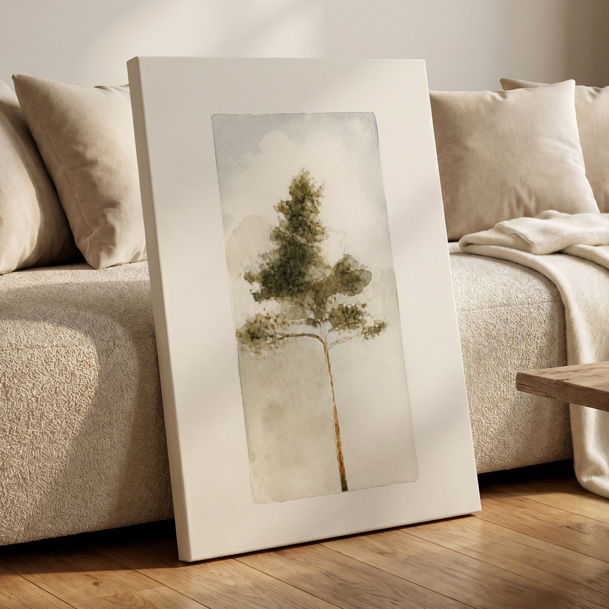 Quiet Evergreen, green, beige, white nature wall art displayed in a styled interior, gallery view 3