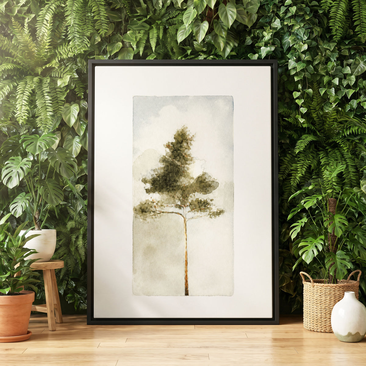 Quiet Evergreen, green, beige, white nature wall art displayed in a styled interior, gallery view 4