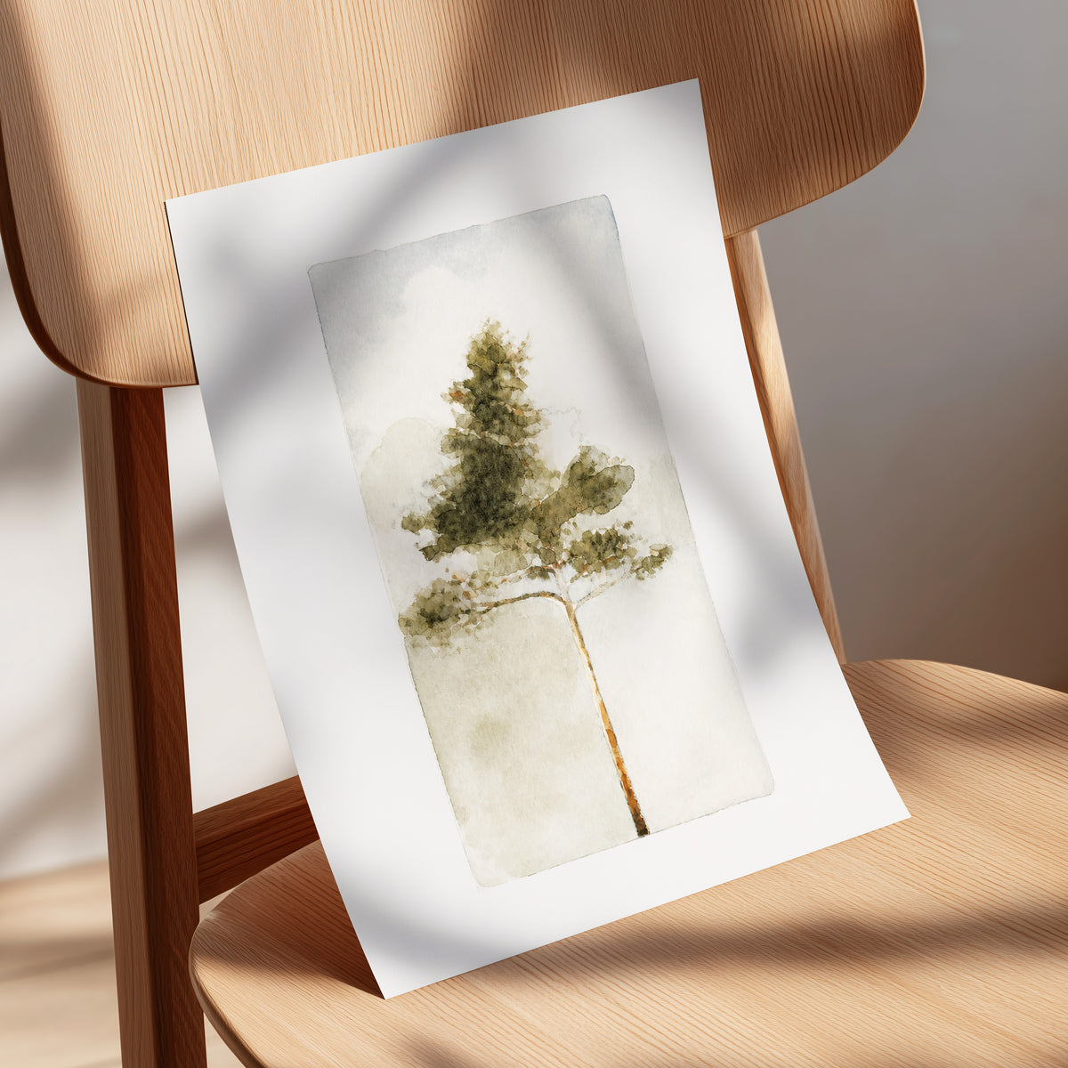 Quiet Evergreen, green, beige, white nature wall art displayed in a styled interior, gallery view 5