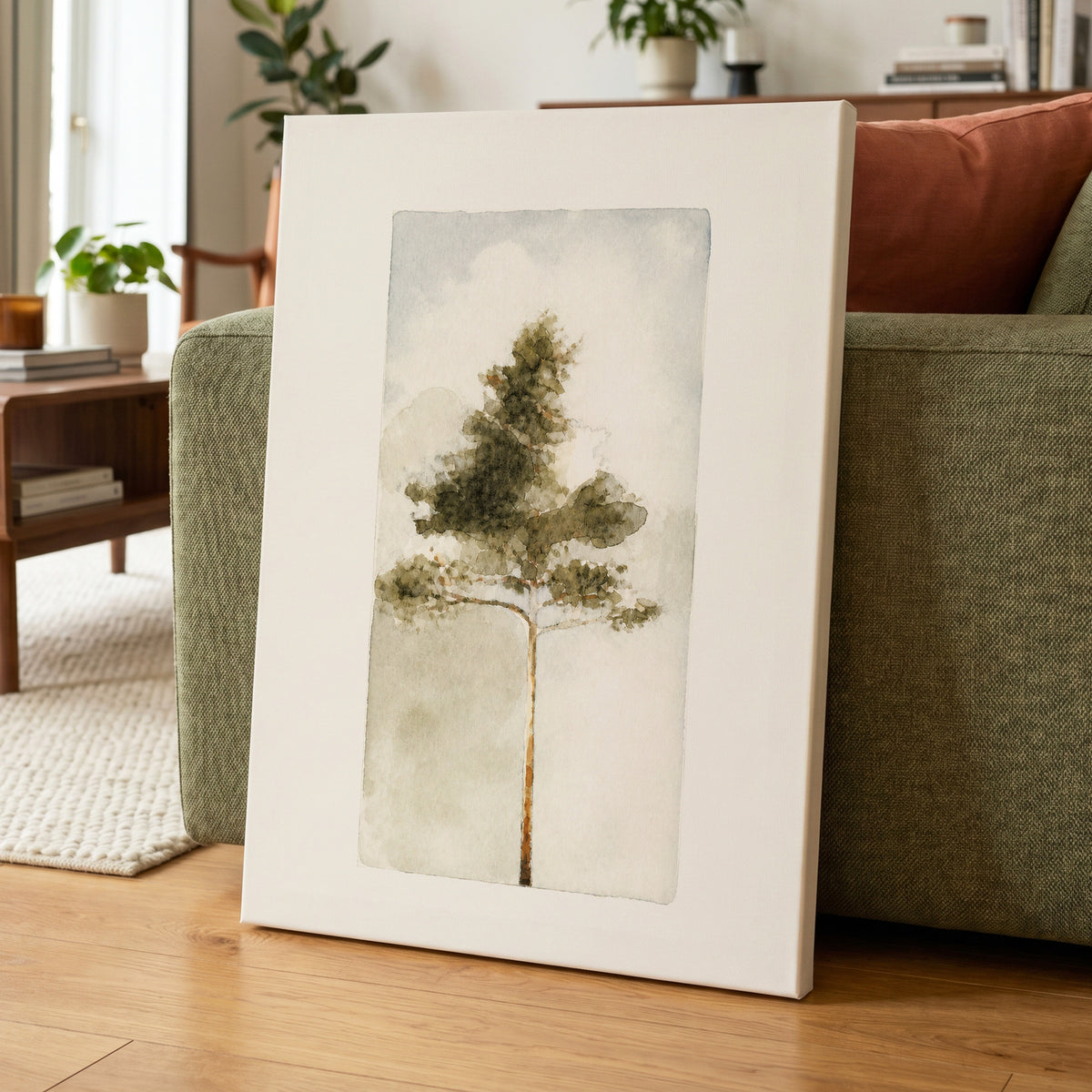 Quiet Evergreen, green, beige, white nature wall art displayed in a styled interior, gallery view 7