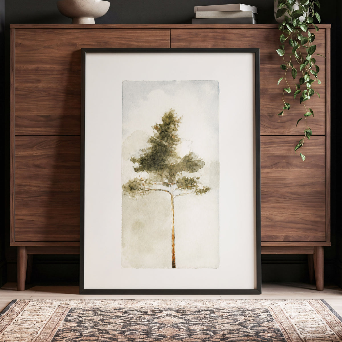 Quiet Evergreen, green, beige, white nature wall art displayed in a styled interior, gallery view 9