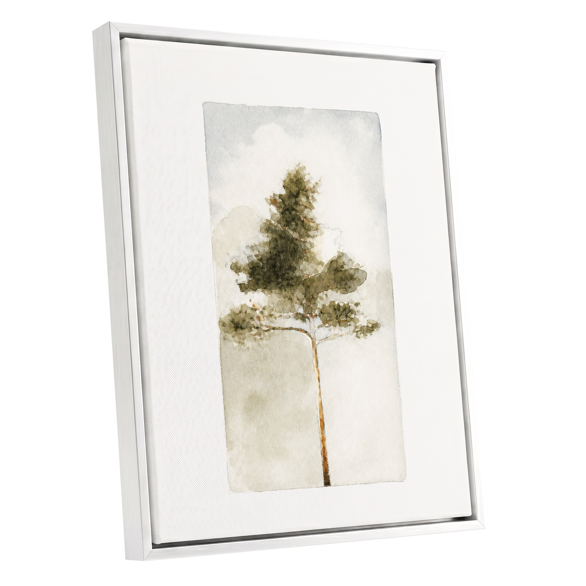 Quiet Evergreen, green, beige, white nature wall art shown as a white framed canvas wall art