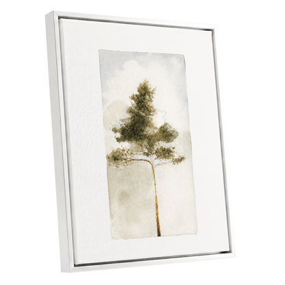 Quiet Evergreen, green, beige, white nature wall art shown as a white framed canvas wall art