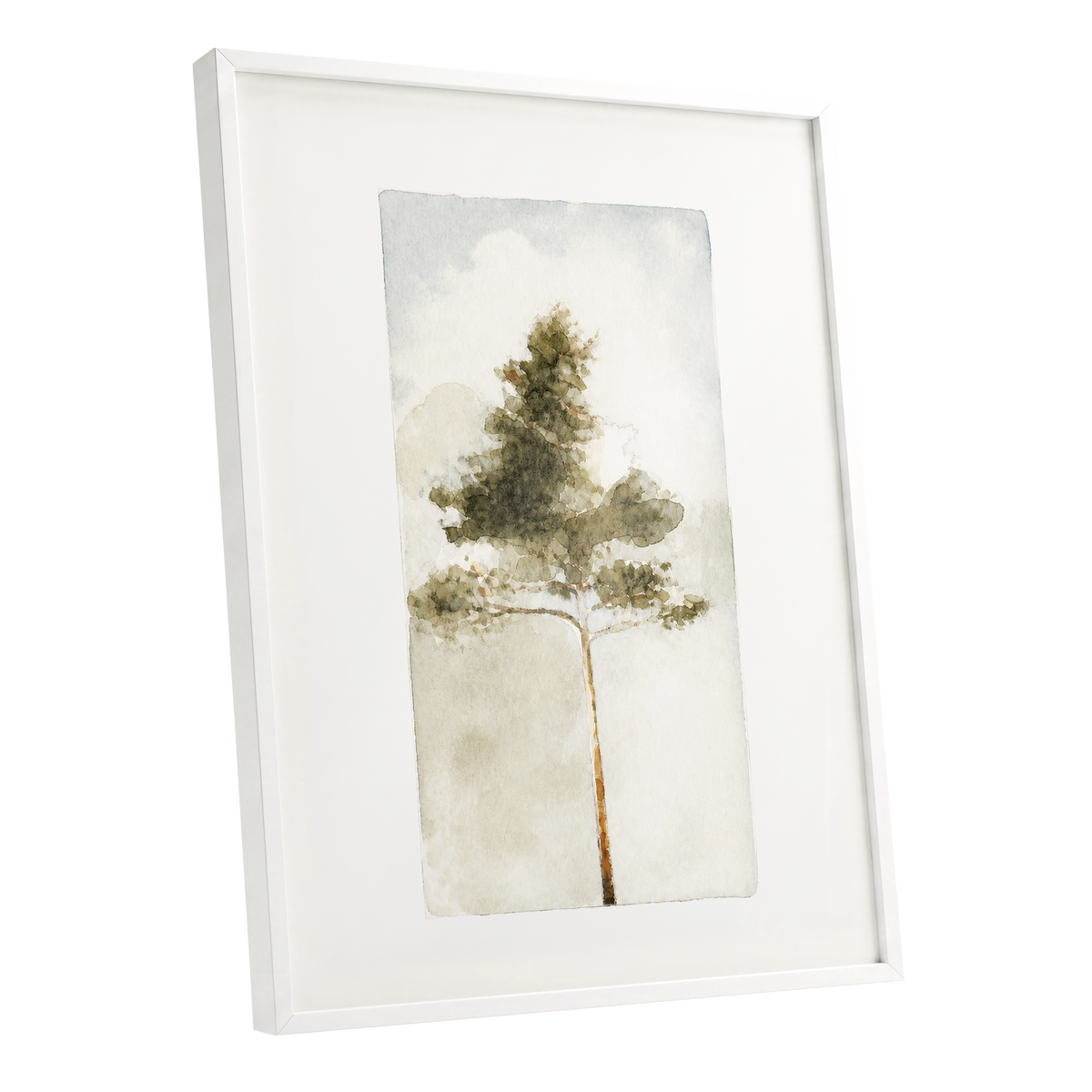 Quiet Evergreen, green, beige, white nature wall art shown as a white framed poster wall art print