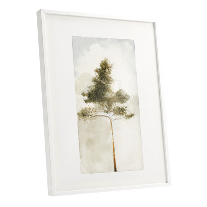 Quiet Evergreen, green, beige, white nature wall art shown as a white framed poster wall art print
