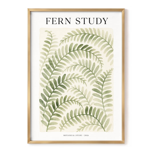 Quiet Fern Study, green, beige, white nature wall art, front artwork view