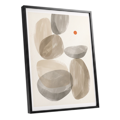 Quiet Forms in Ochre, beige, gray, orange abstract wall art shown as a black framed poster wall art print