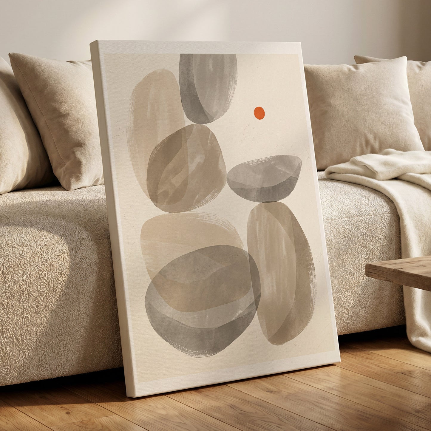 Quiet Forms in Ochre, beige, gray, orange abstract wall art on canvas displayed in a styled interior, gallery view 1