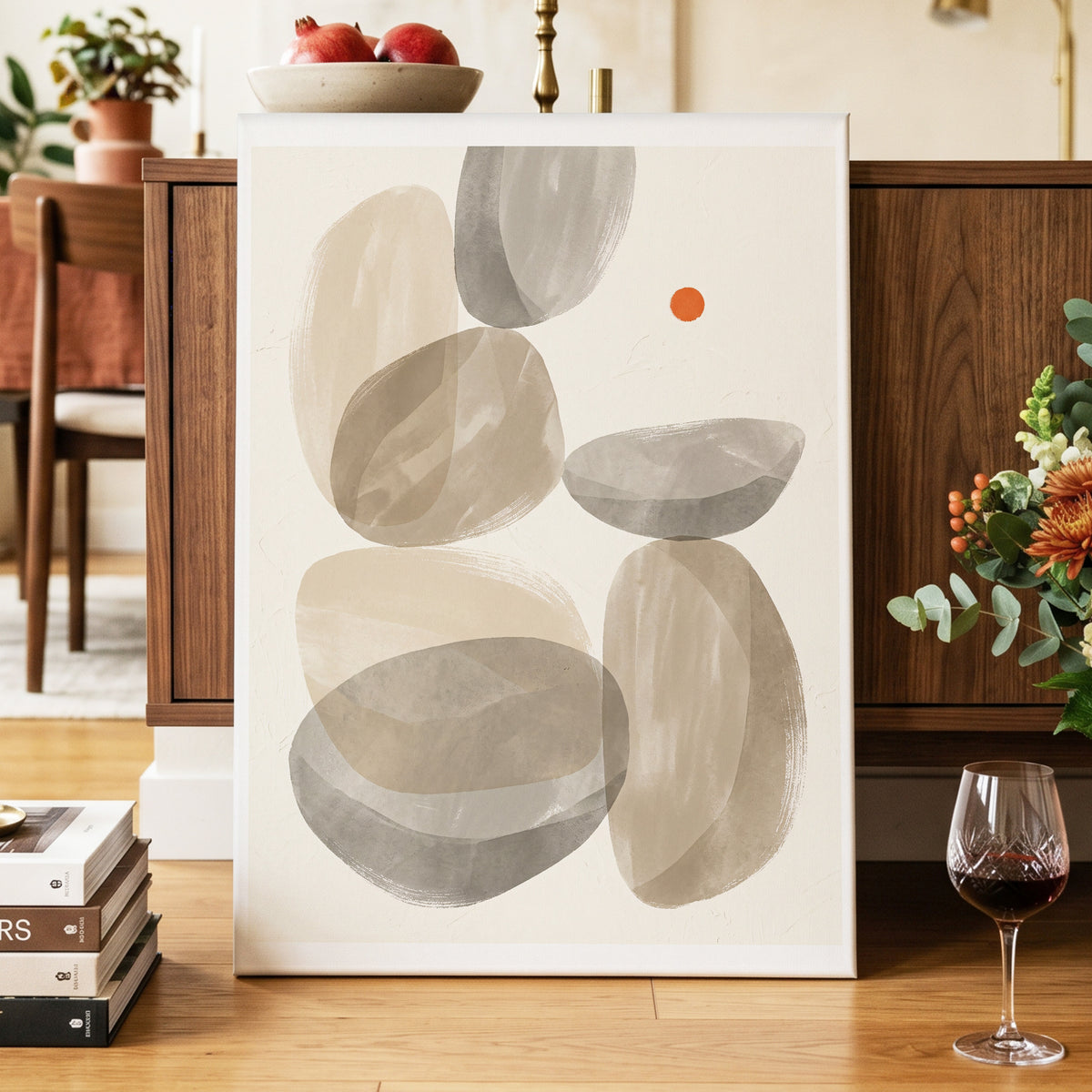 Quiet Forms in Ochre, beige, gray, orange abstract wall art on canvas displayed in a styled interior, gallery view 2