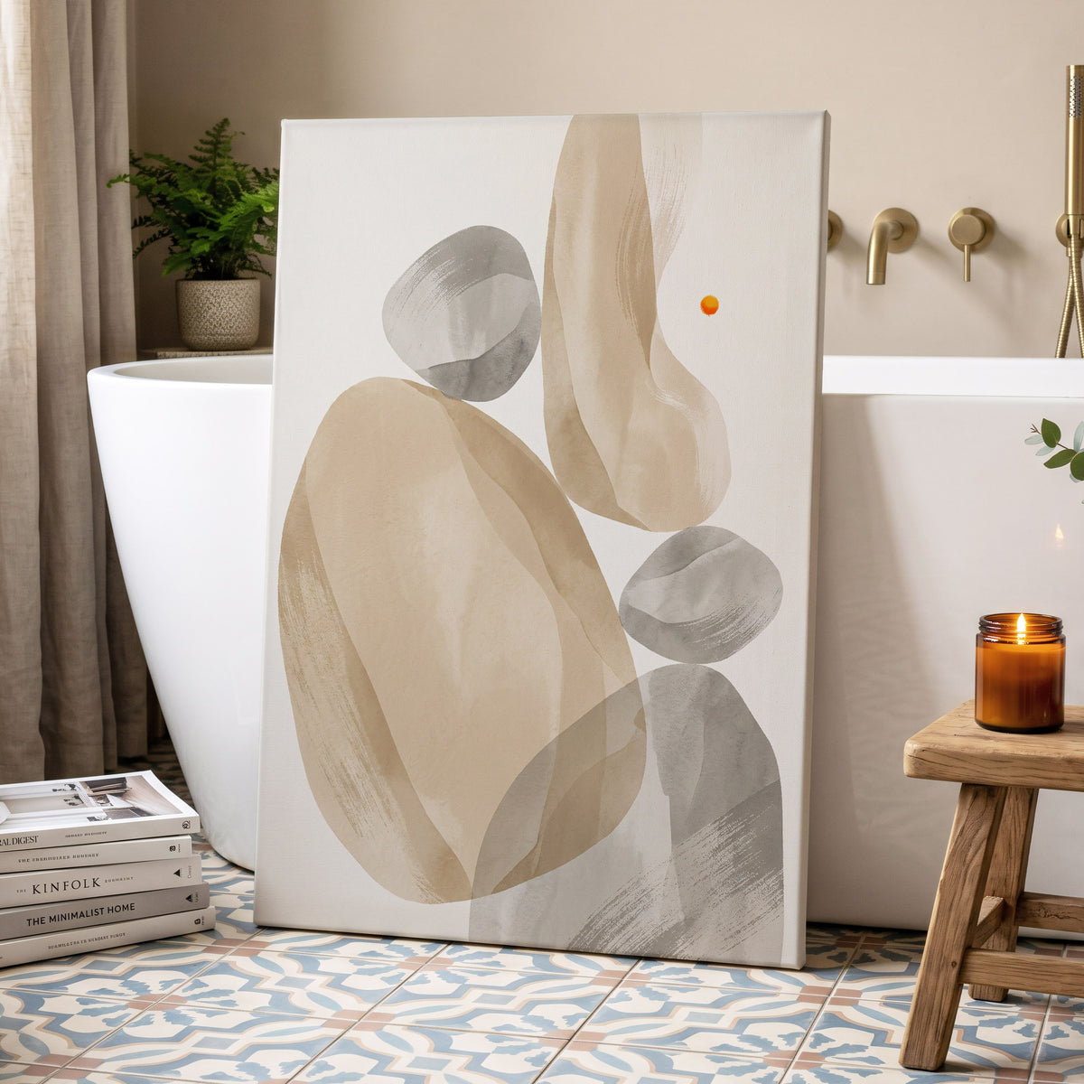 Quiet Forms in Ochre, beige, gray, white abstract wall art on canvas displayed in a styled interior, gallery view 2