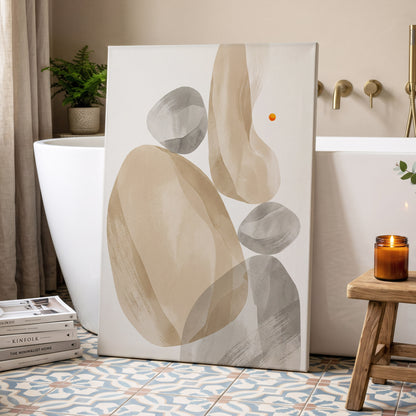 Quiet Forms in Ochre, beige, gray, white abstract wall art on canvas displayed in a styled interior, gallery view 2