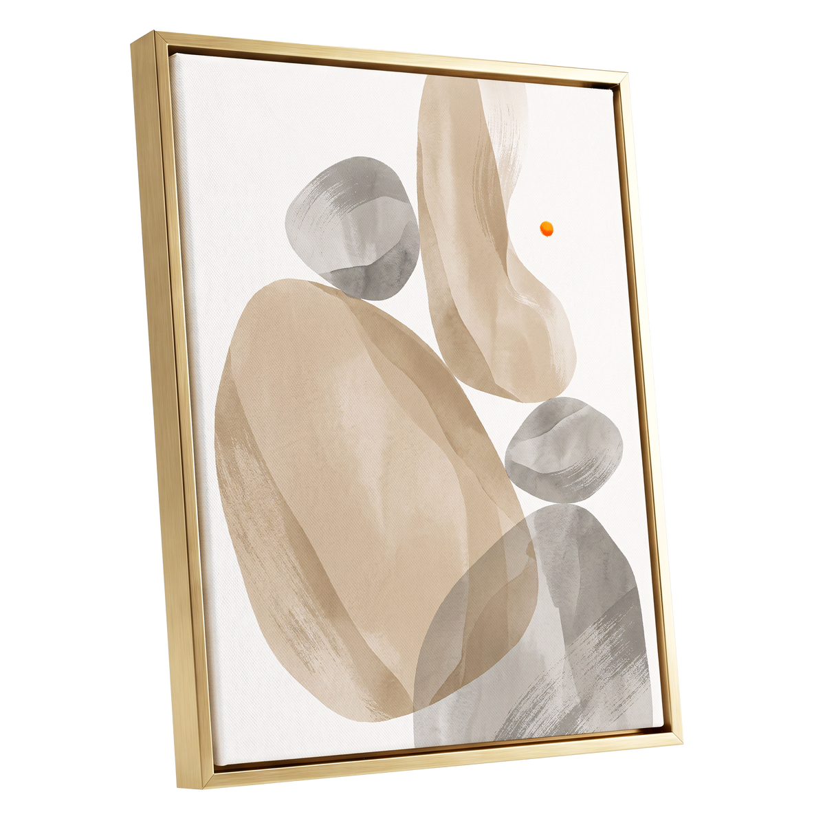 Quiet Forms in Ochre, beige, gray, white abstract wall art shown as a gold framed canvas wall art