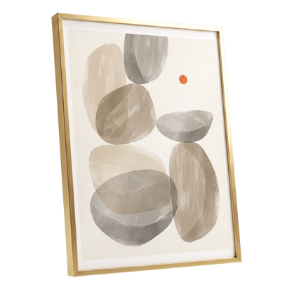 Quiet Forms in Ochre, beige, gray, orange abstract wall art shown as a gold framed poster wall art print