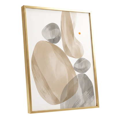 Quiet Forms in Ochre, beige, gray, white abstract wall art shown as a gold framed poster wall art print
