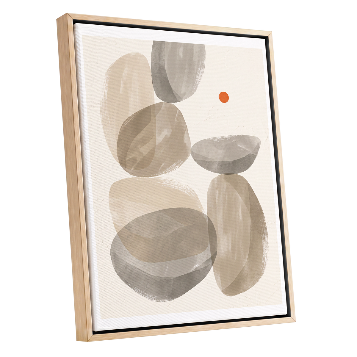 Quiet Forms in Ochre, beige, gray, orange abstract wall art shown as a oak framed canvas wall art