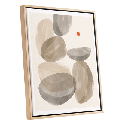 Quiet Forms in Ochre, beige, gray, orange abstract wall art shown as a oak framed canvas wall art