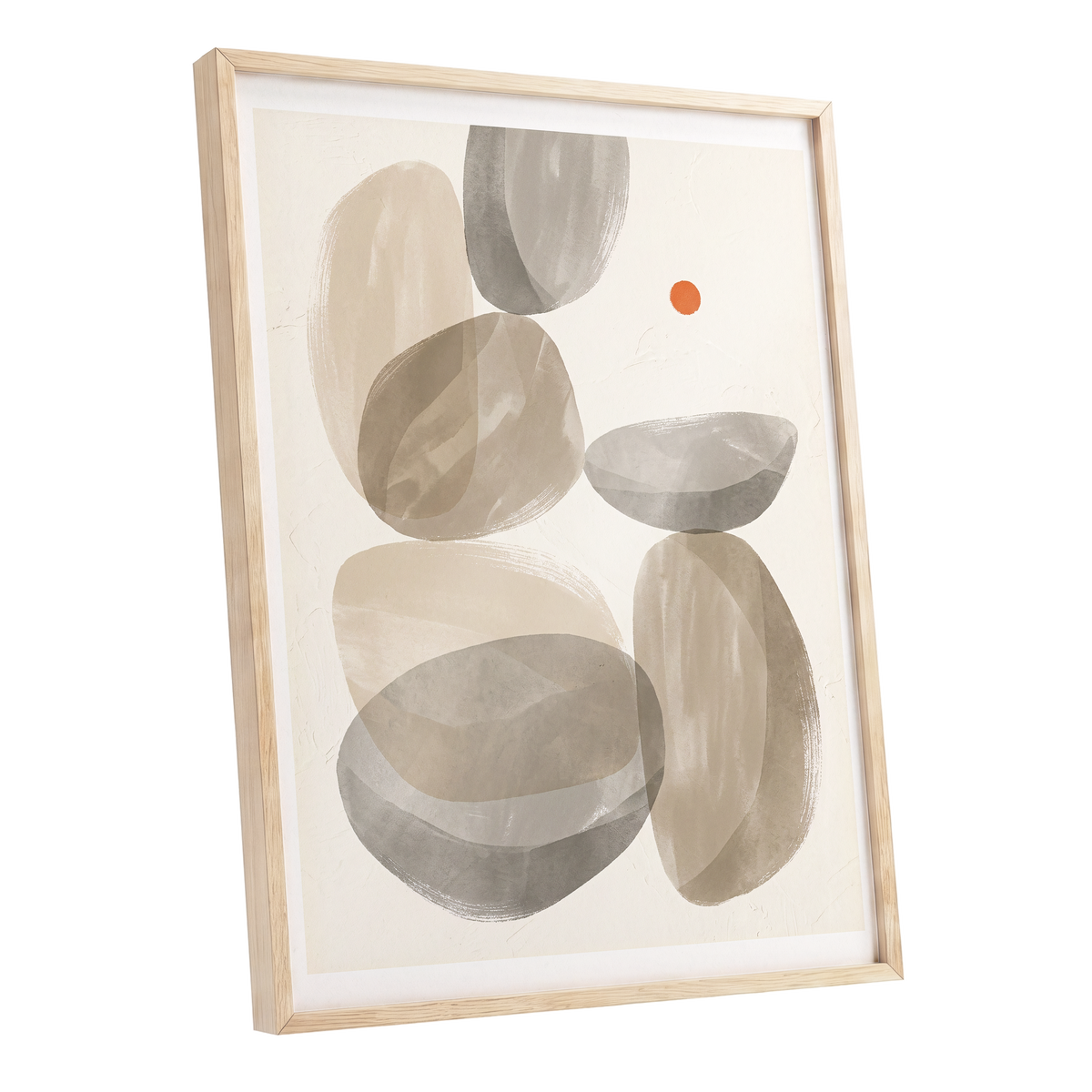 Quiet Forms in Ochre, beige, gray, orange abstract wall art shown as a oak framed poster wall art print