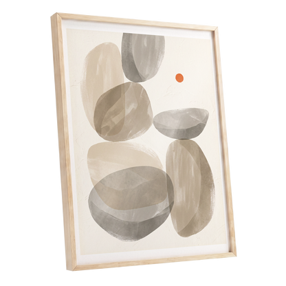 Quiet Forms in Ochre, beige, gray, orange abstract wall art shown as a oak framed poster wall art print