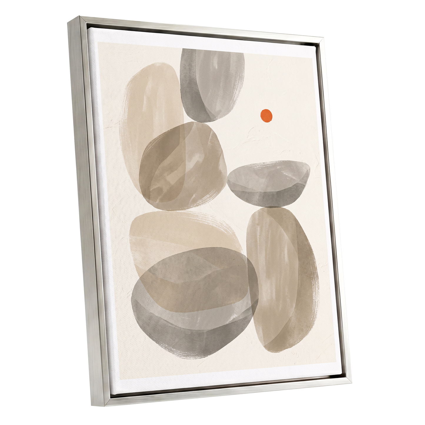 Quiet Forms in Ochre, beige, gray, orange abstract wall art shown as a silver framed canvas wall art