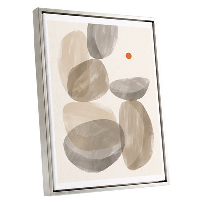 Quiet Forms in Ochre, beige, gray, orange abstract wall art shown as a silver framed canvas wall art