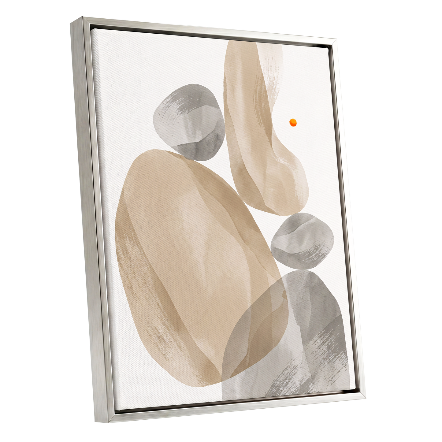 Quiet Forms in Ochre, beige, gray, white abstract wall art shown as a silver framed canvas wall art