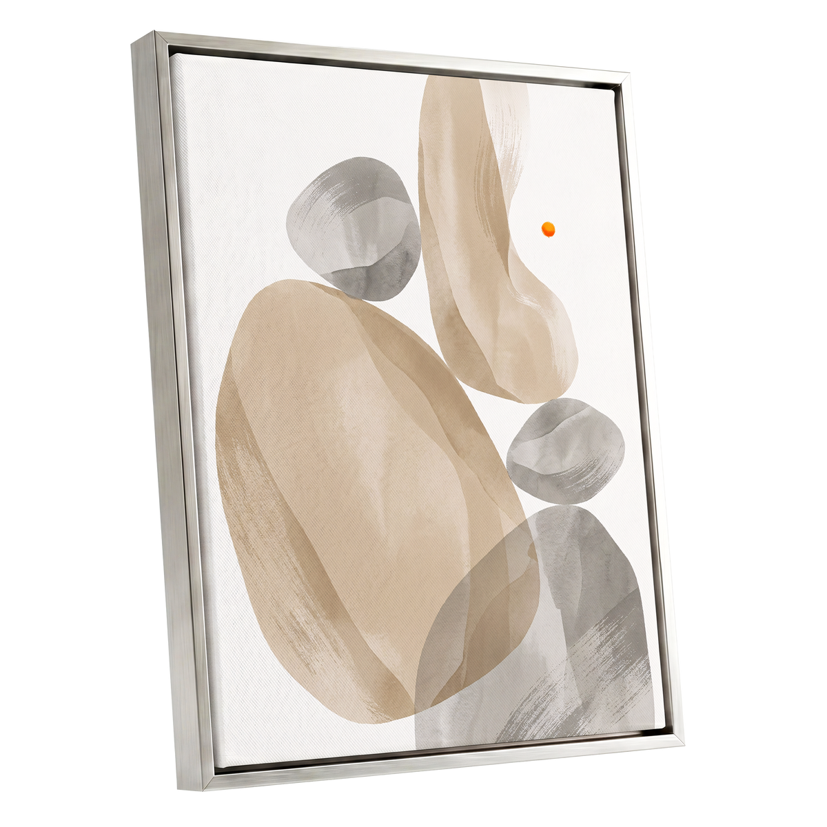 Quiet Forms in Ochre, beige, gray, white abstract wall art shown as a silver framed canvas wall art