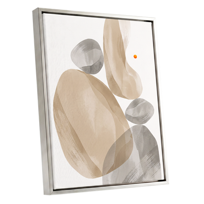 Quiet Forms in Ochre, beige, gray, white abstract wall art shown as a silver framed canvas wall art
