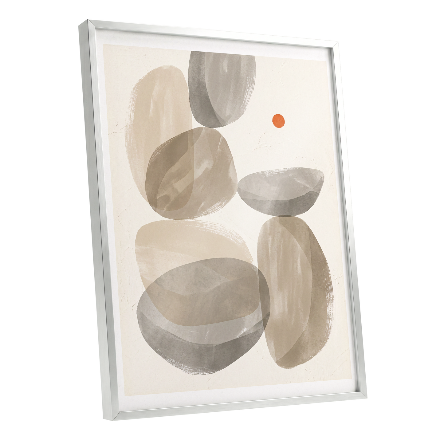 Quiet Forms in Ochre, beige, gray, orange abstract wall art shown as a silver framed poster wall art print