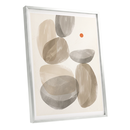 Quiet Forms in Ochre, beige, gray, orange abstract wall art shown as a silver framed poster wall art print