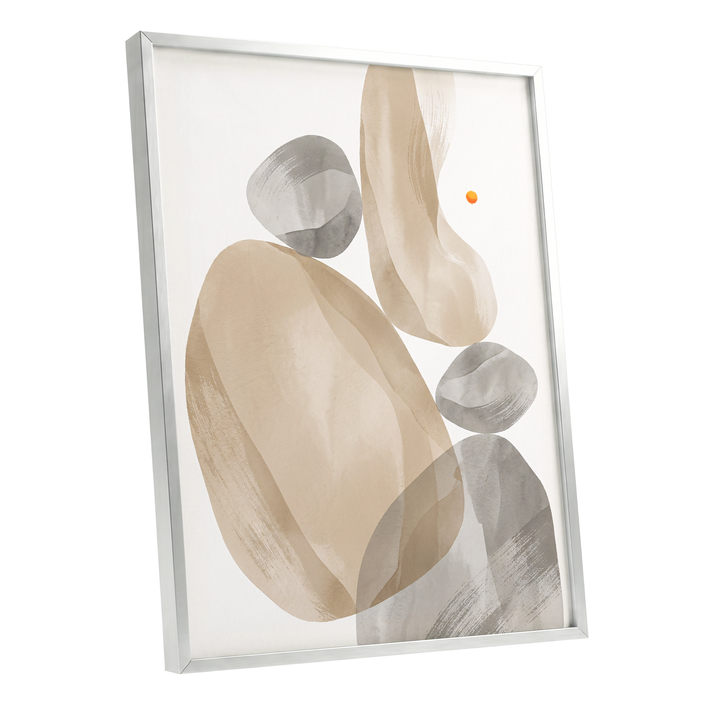 Quiet Forms in Ochre, beige, gray, white abstract wall art shown as a silver framed poster wall art print