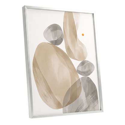Quiet Forms in Ochre, beige, gray, white abstract wall art shown as a silver framed poster wall art print