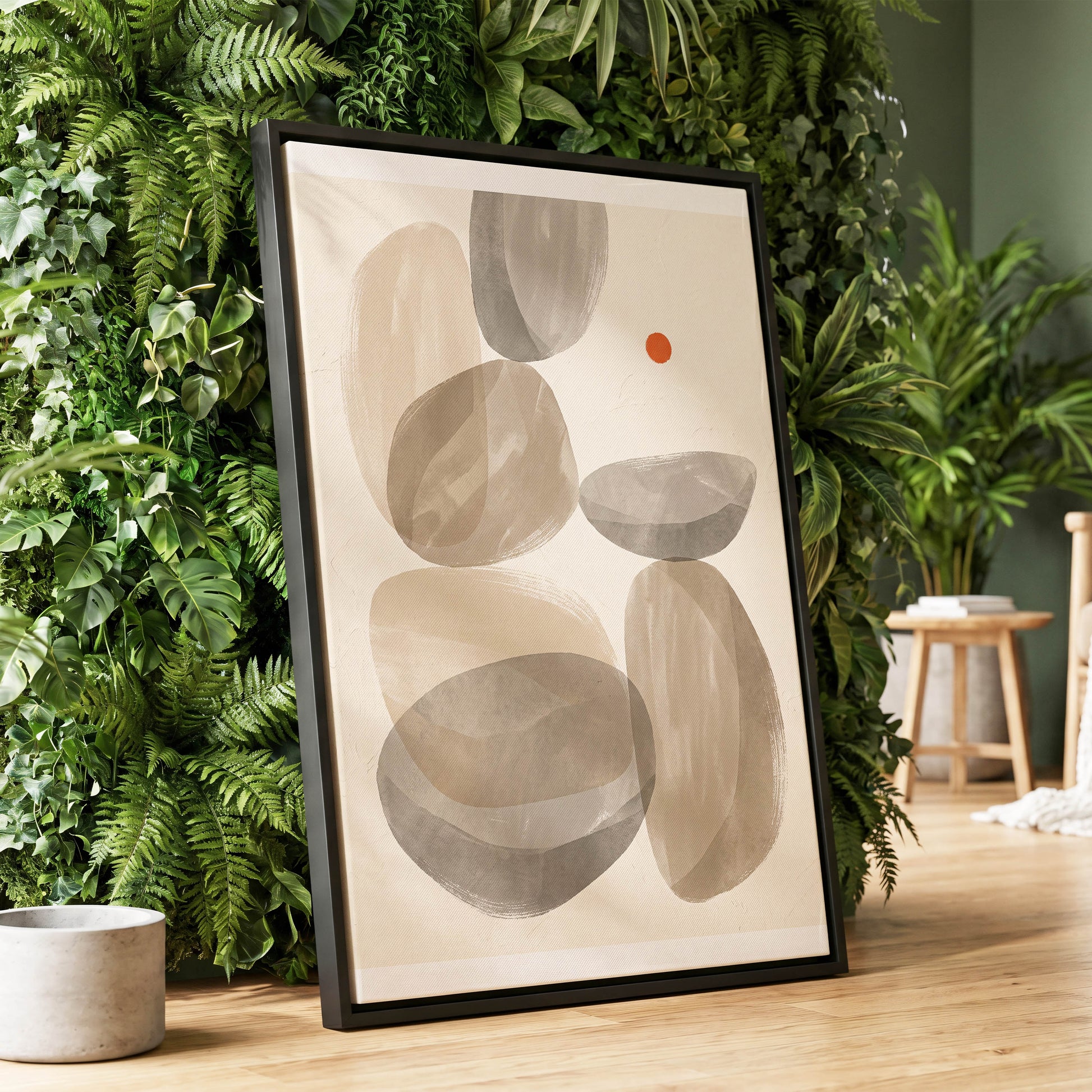 Quiet Forms in Ochre, beige, gray, orange abstract wall art displayed in a styled interior, gallery view 1