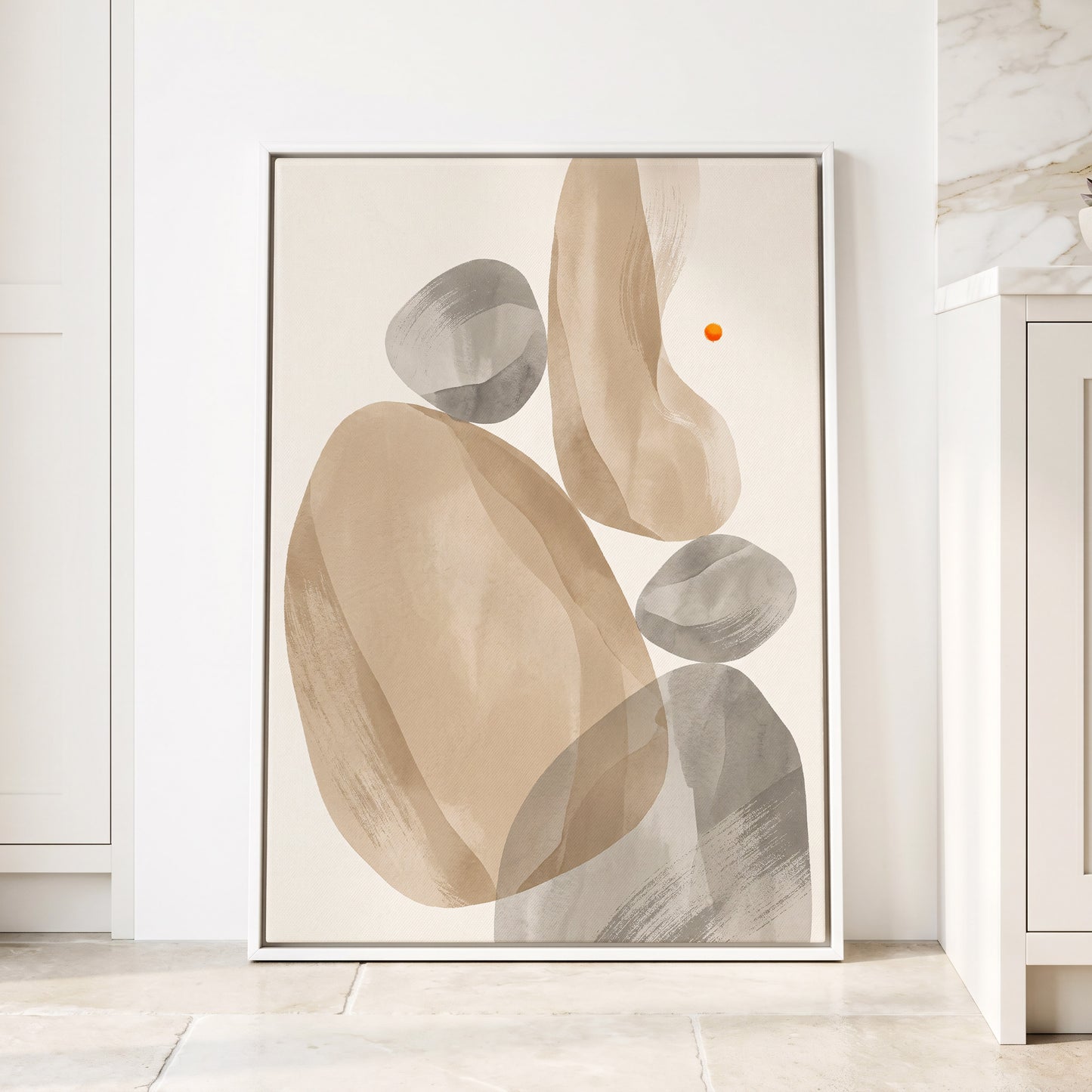 Quiet Forms in Ochre, beige, gray, white abstract wall art displayed in a styled interior, gallery view 1