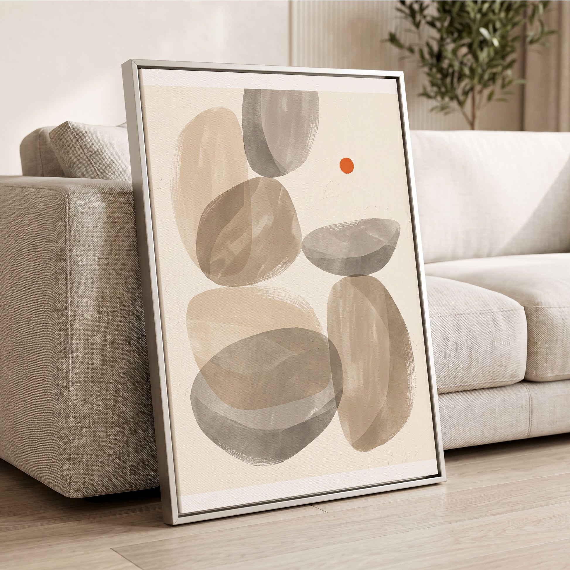 Quiet Forms in Ochre, beige, gray, orange abstract wall art displayed in a styled interior, gallery view 2