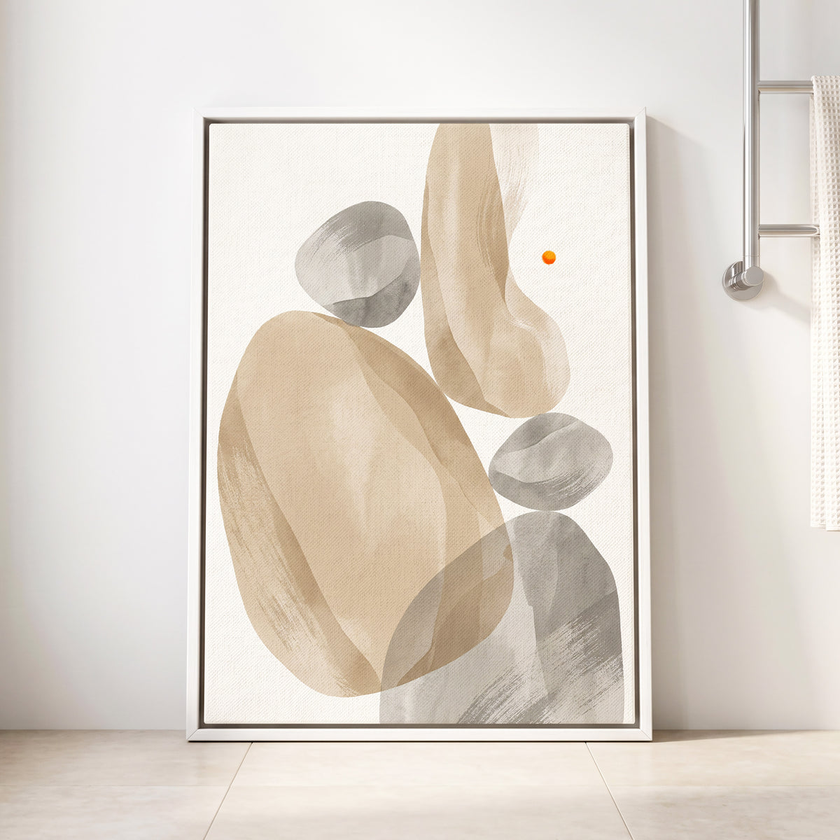Quiet Forms in Ochre, beige, gray, white abstract wall art displayed in a styled interior, gallery view 2
