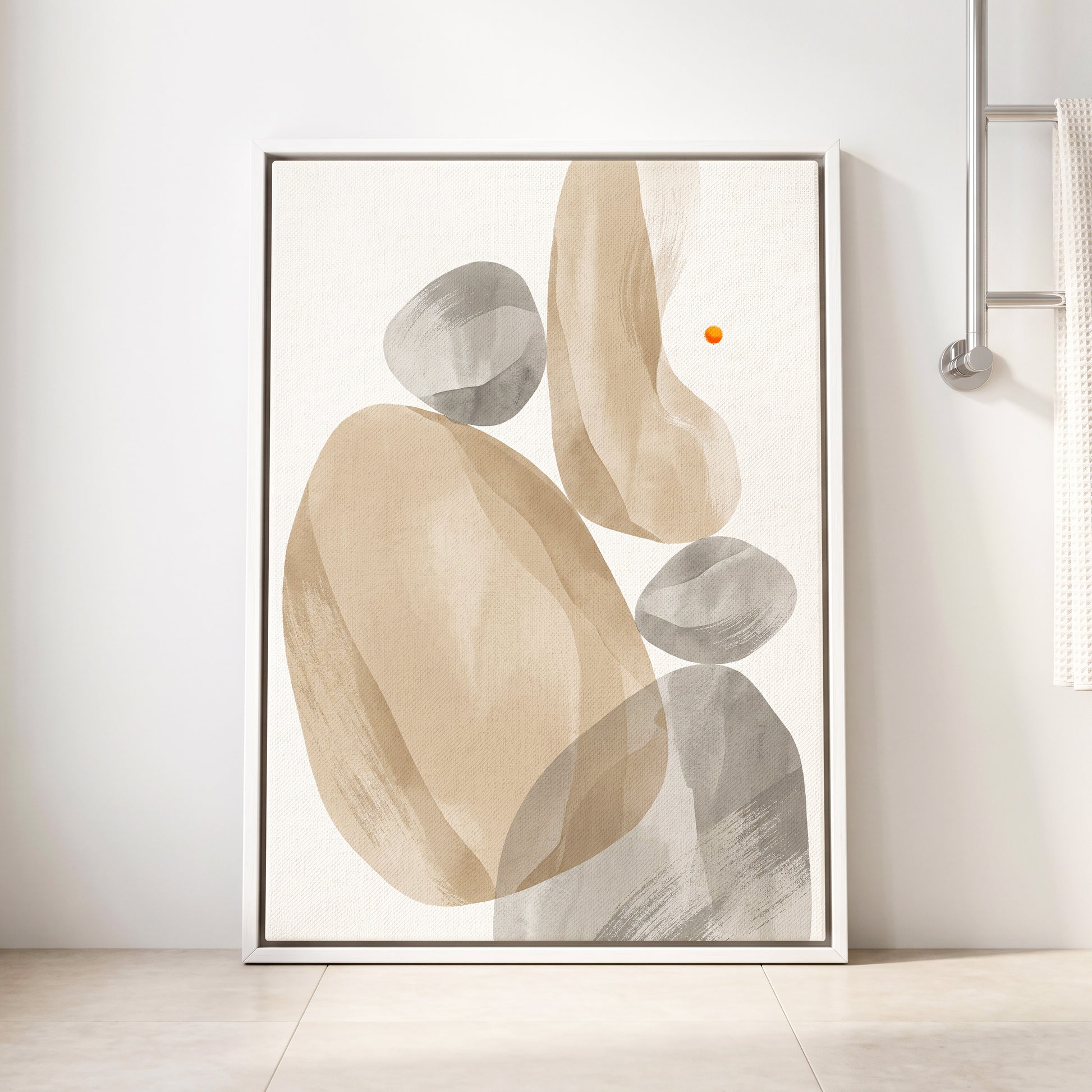 Quiet Forms in Ochre, beige, gray, white abstract wall art displayed in a styled interior, gallery view 2