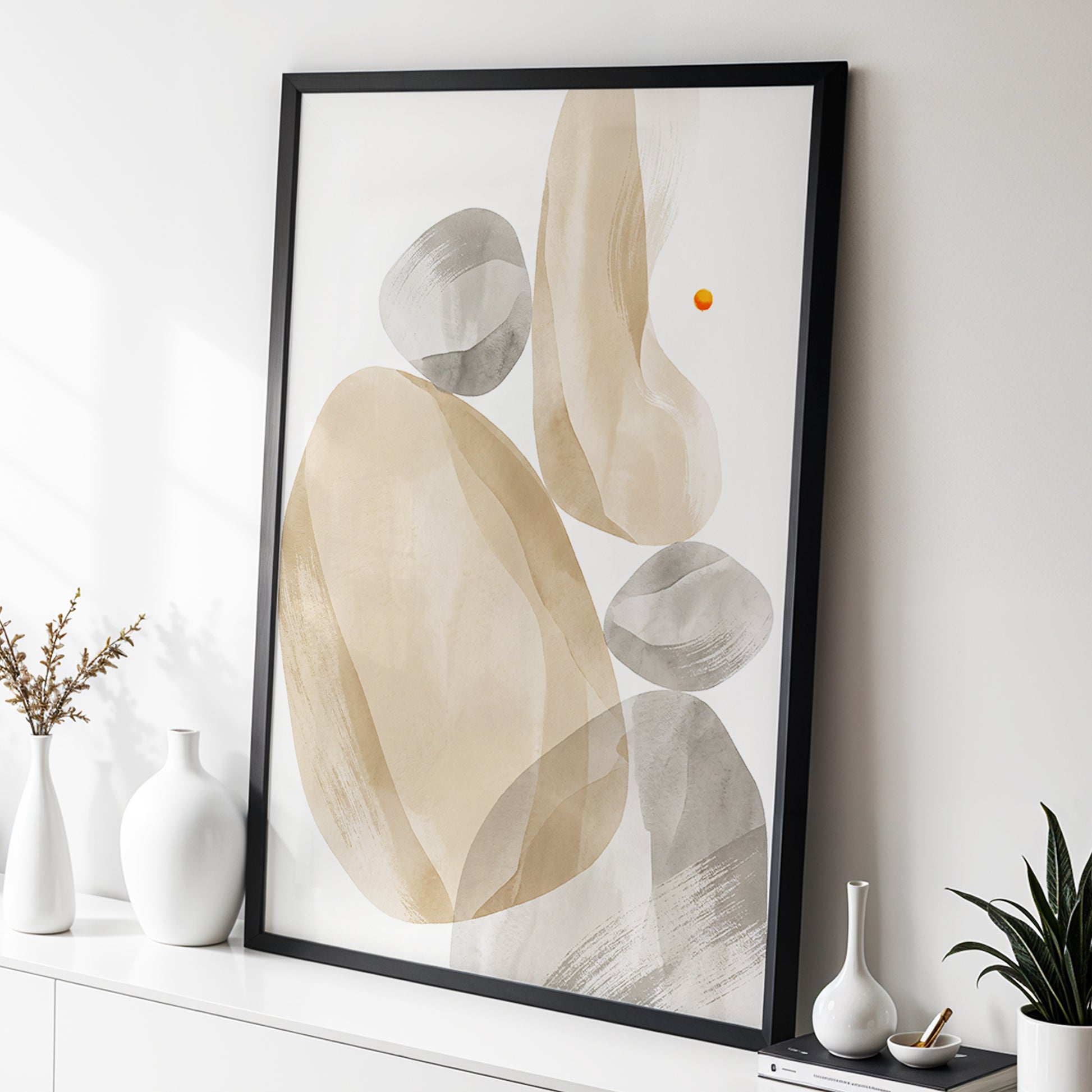 Quiet Forms in Ochre, beige, gray, white abstract wall art displayed in a styled interior, gallery view 3