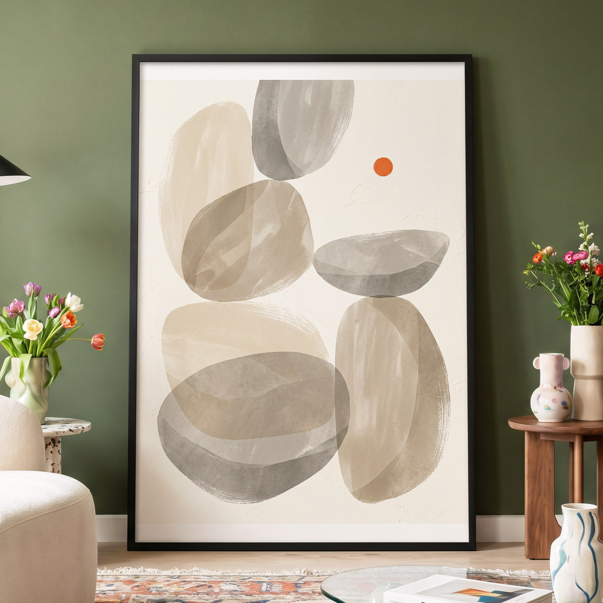 Quiet Forms in Ochre, beige, gray, orange abstract wall art displayed in a styled interior, gallery view 4