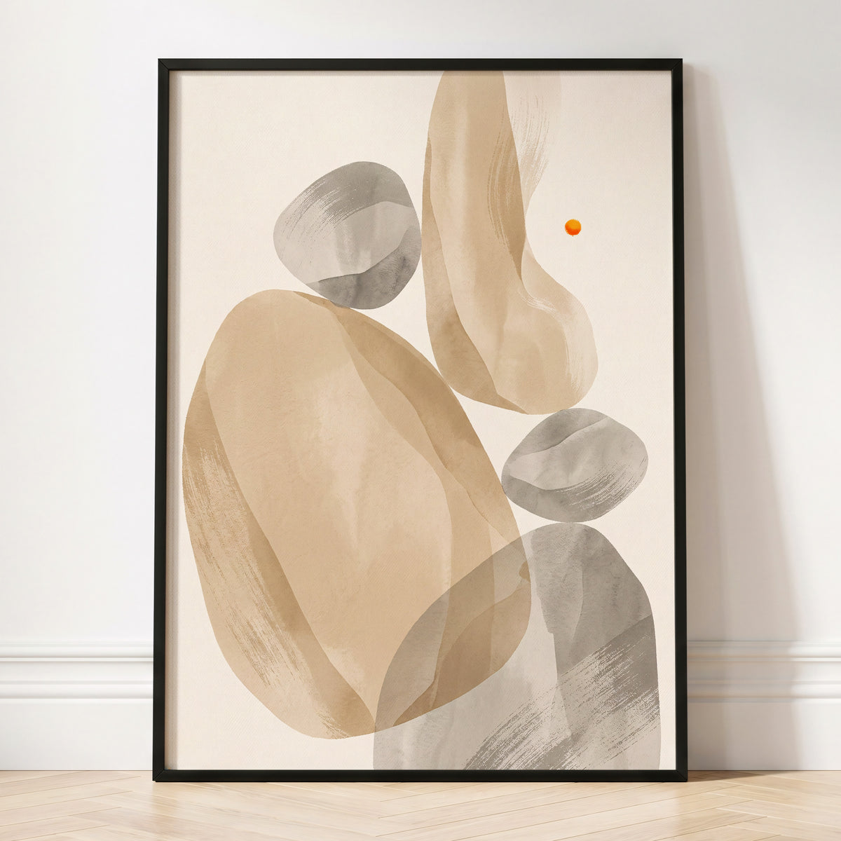 Quiet Forms in Ochre, beige, gray, white abstract wall art displayed in a styled interior, gallery view 4