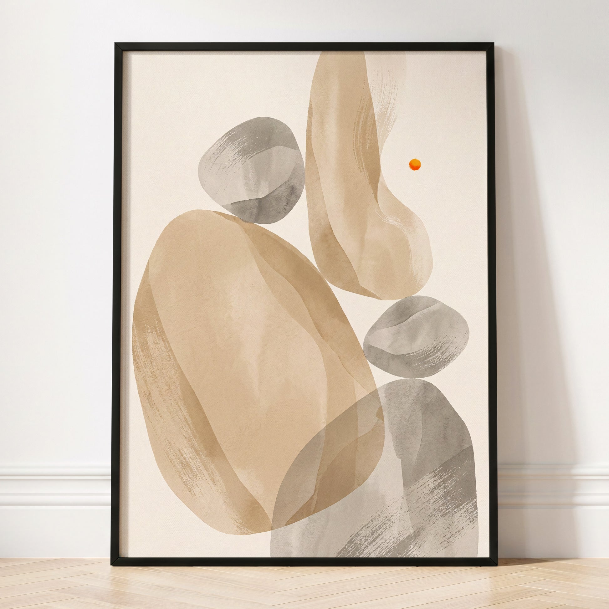 Quiet Forms in Ochre, beige, gray, white abstract wall art displayed in a styled interior, gallery view 4