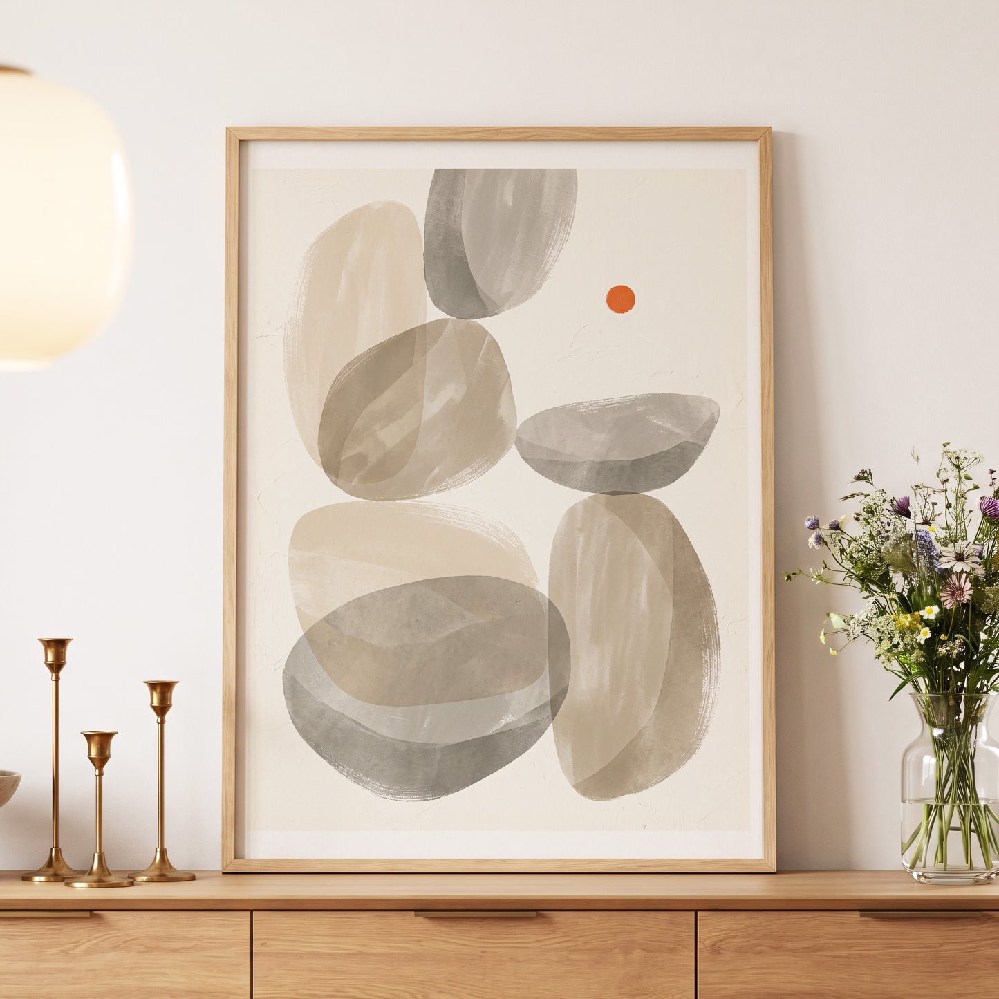 Quiet Forms in Ochre, beige, gray, orange abstract wall art displayed in a styled interior, gallery view 5