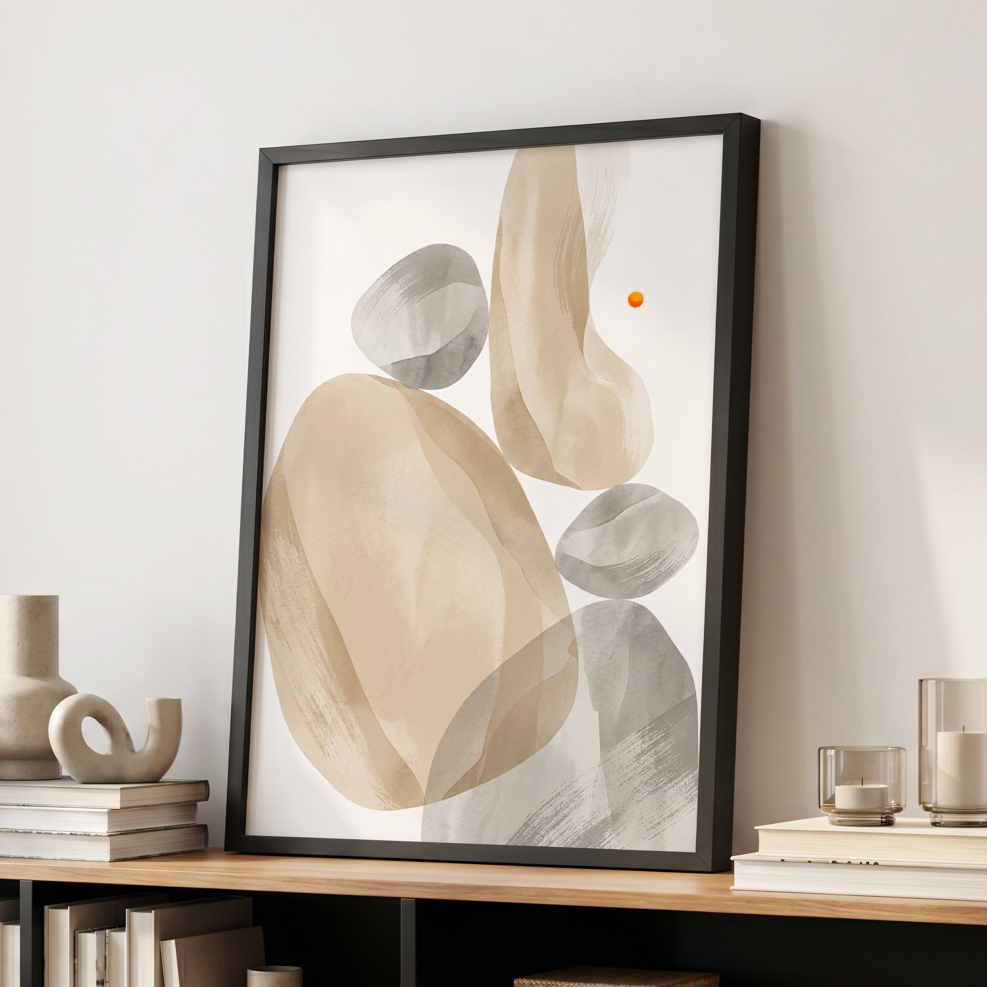 Quiet Forms in Ochre, beige, gray, white abstract wall art displayed in a styled interior, gallery view 5