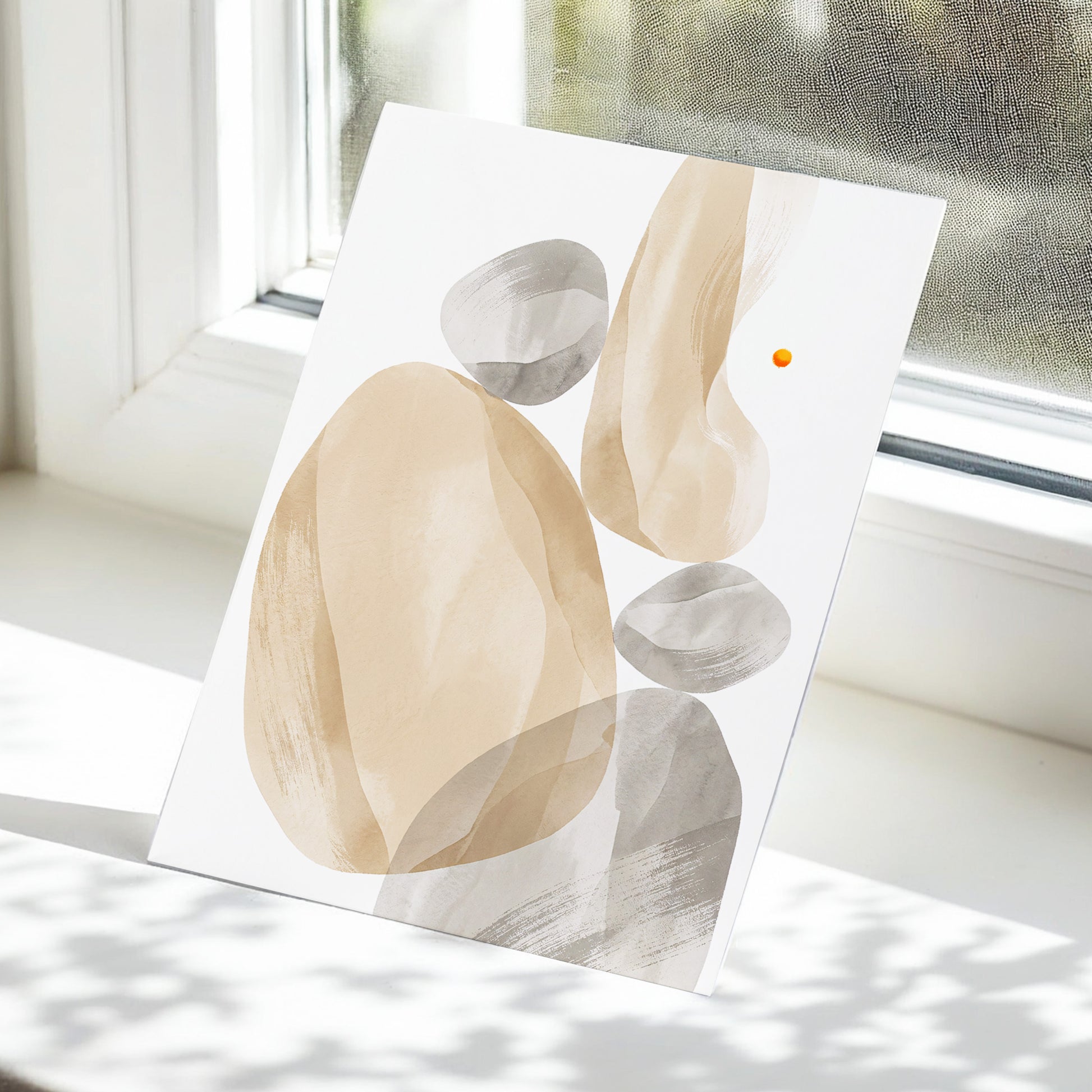 Quiet Forms in Ochre, beige, gray, white abstract wall art displayed in a styled interior, gallery view 6