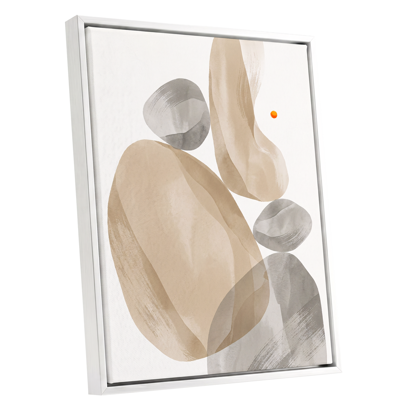 Quiet Forms in Ochre, beige, gray, white abstract wall art shown as a white framed canvas wall art