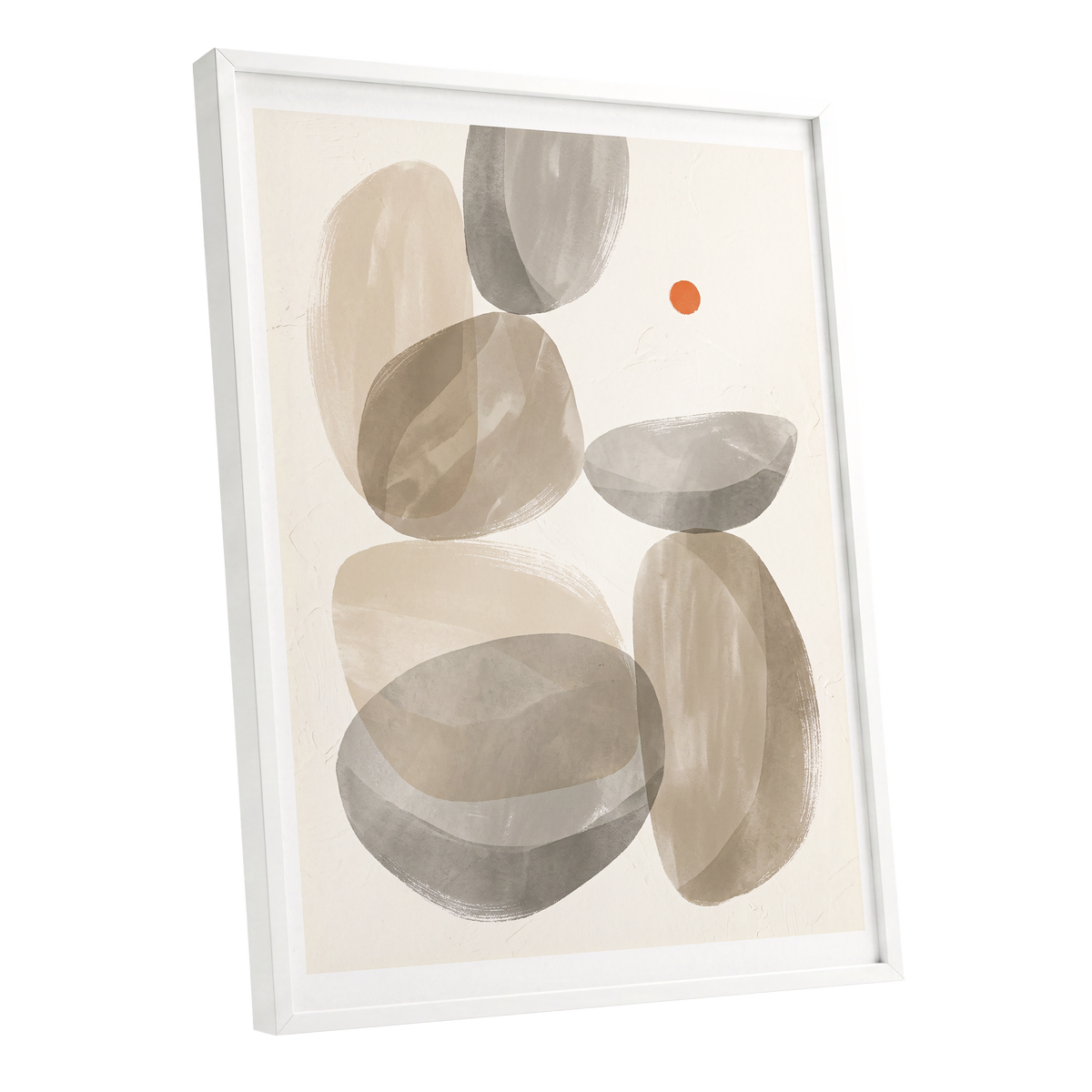 Quiet Forms in Ochre, beige, gray, orange abstract wall art shown as a white framed poster wall art print