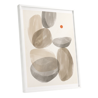 Quiet Forms in Ochre, beige, gray, orange abstract wall art shown as a white framed poster wall art print